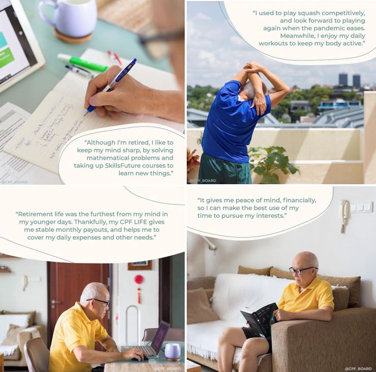 Senior Asian man writing on notebook, exercising outdoors, using the laptop at home and sitting at the sofa